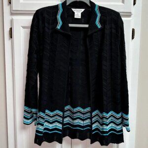 Misook Petite Chevron Open Cardigan Black & Turquoise Size Small